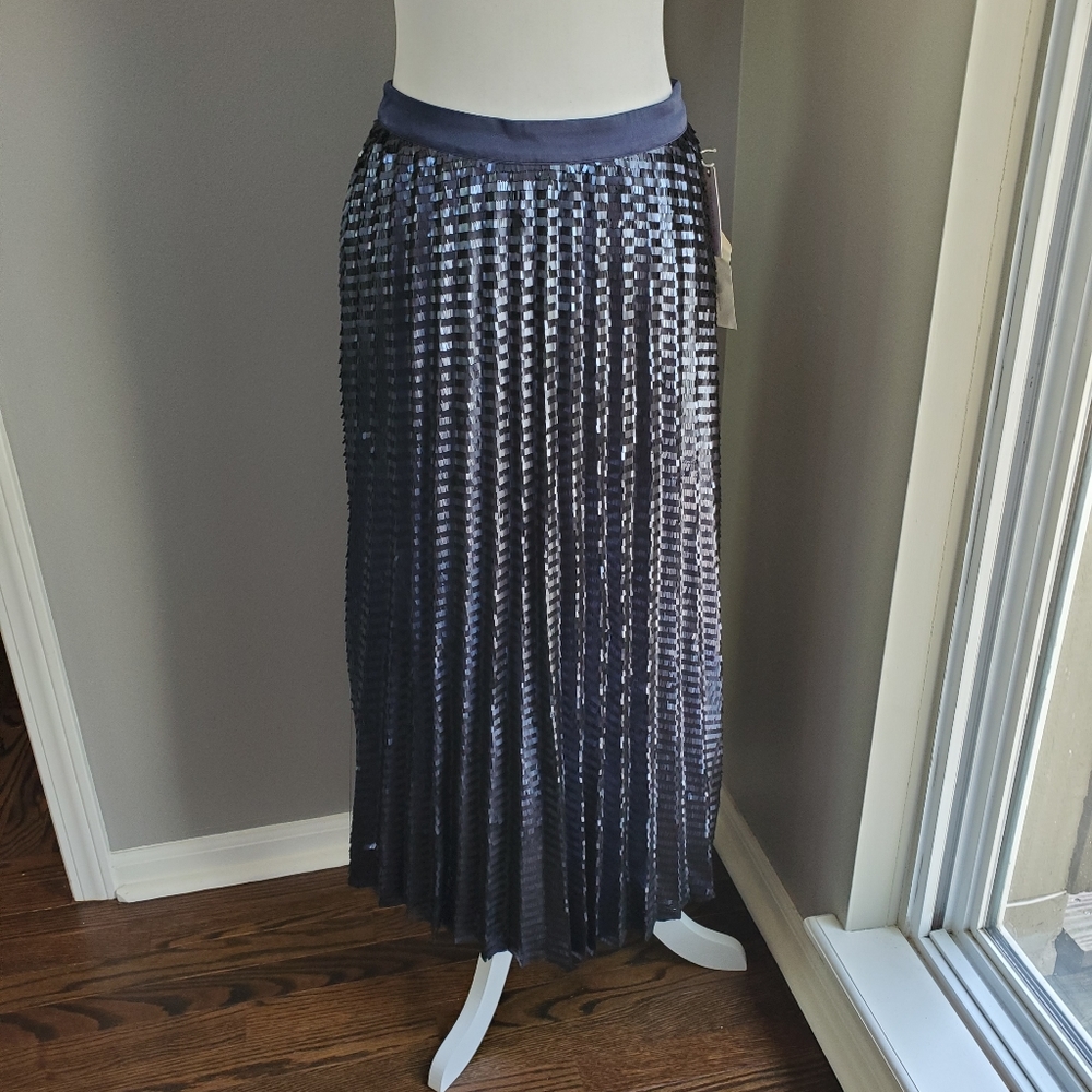 Anthropologie Navy Metallic Pleated Midi Skirt
